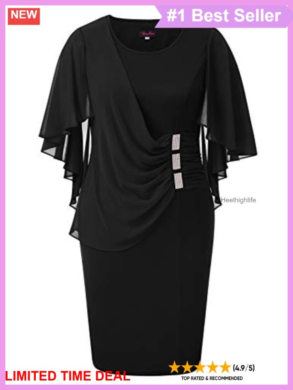 Plus Size Chiffon Ruffle Cape Sleeve Bodycon Pencil Midi Dress